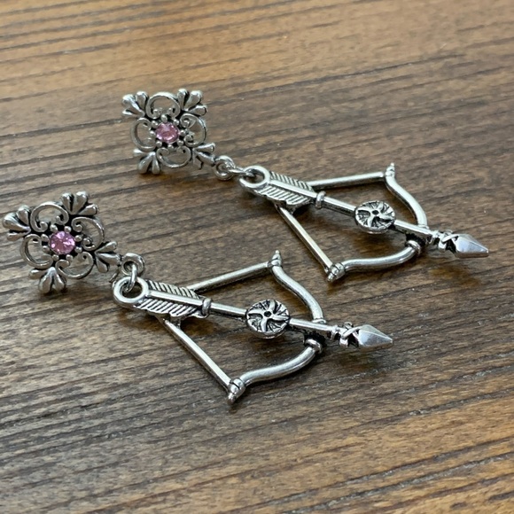 Bow and Arrow Pink Rhinestone Earrings - Picture 2 of 4